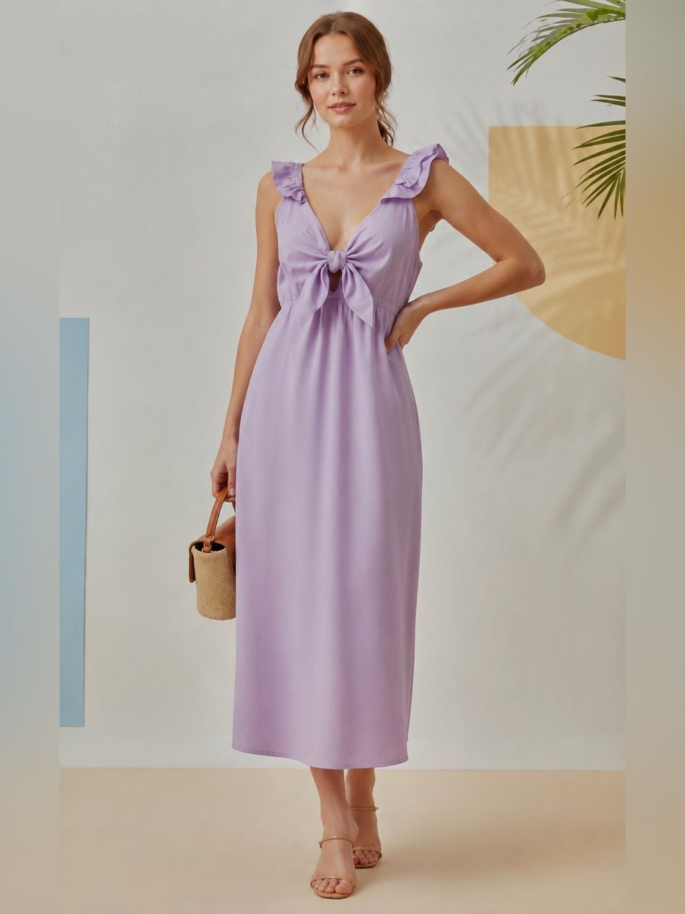 DREW by Anthropologie Lilac Tie-Front Midi Dress with Ruffle Sleeves
